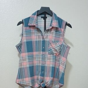 Blue and Pink Plaid Sleeveless Shirt Size L